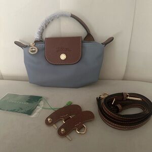 Mini Longchamp Mini Top-Handle Bag in gray with Brown Trim